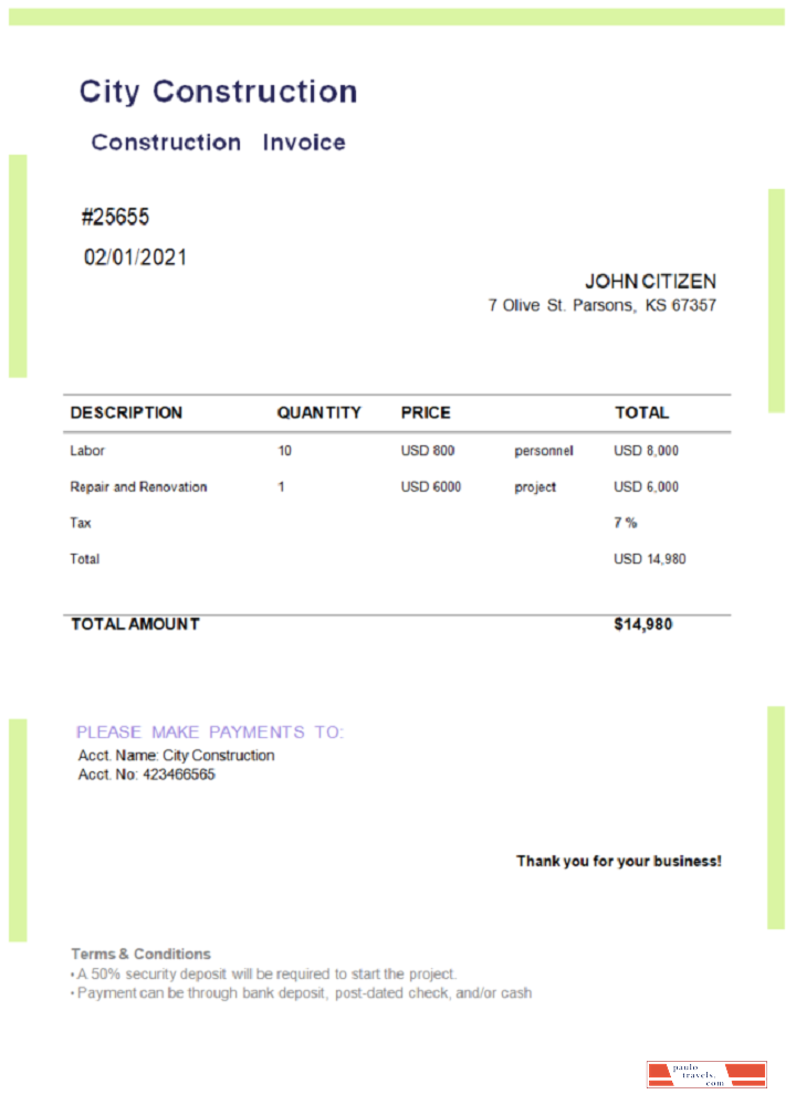 USA City Construction invoice PSD template